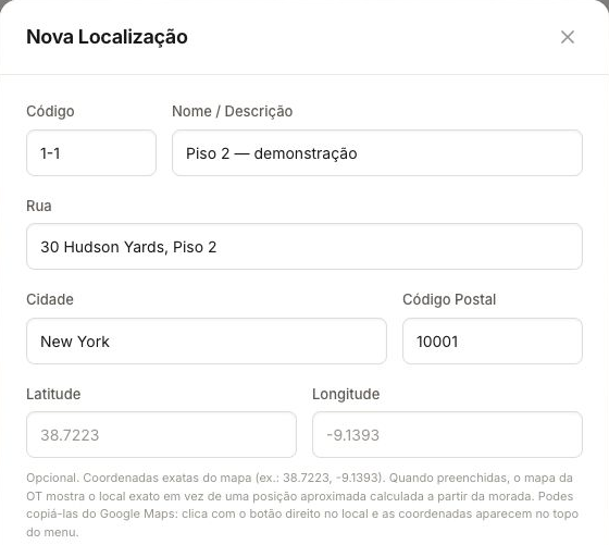 Code, name, address and coordinates for the new location.