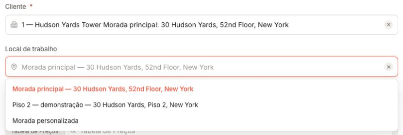 Service location choices after selecting the client.