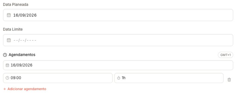 Planned date and appointment with time and duration.