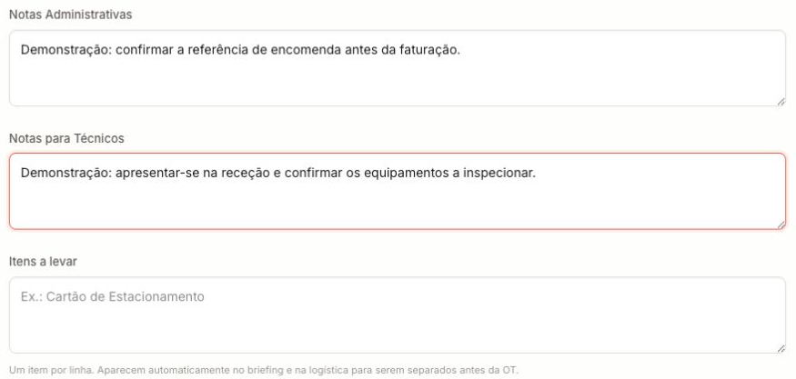 Notas administrativas, notas para técnicos y artículos que llevar.