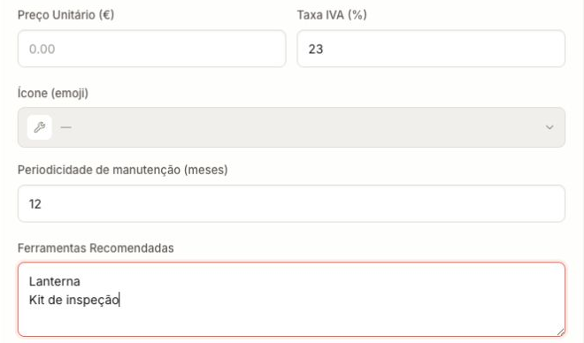 Price, VAT, icon, maintenance interval and recommended tools.