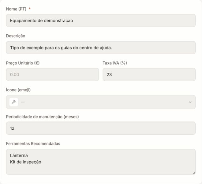 Saved equipment type with maintenance details.