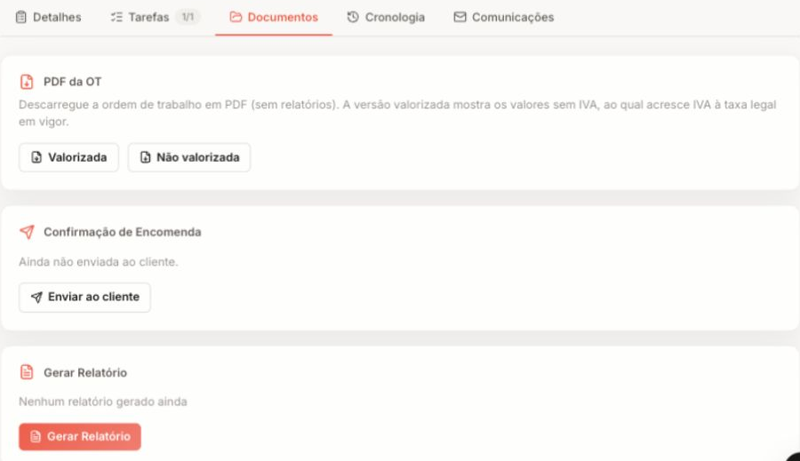 Pestaña Documentos con PDF de la orden y opción Generar informe.