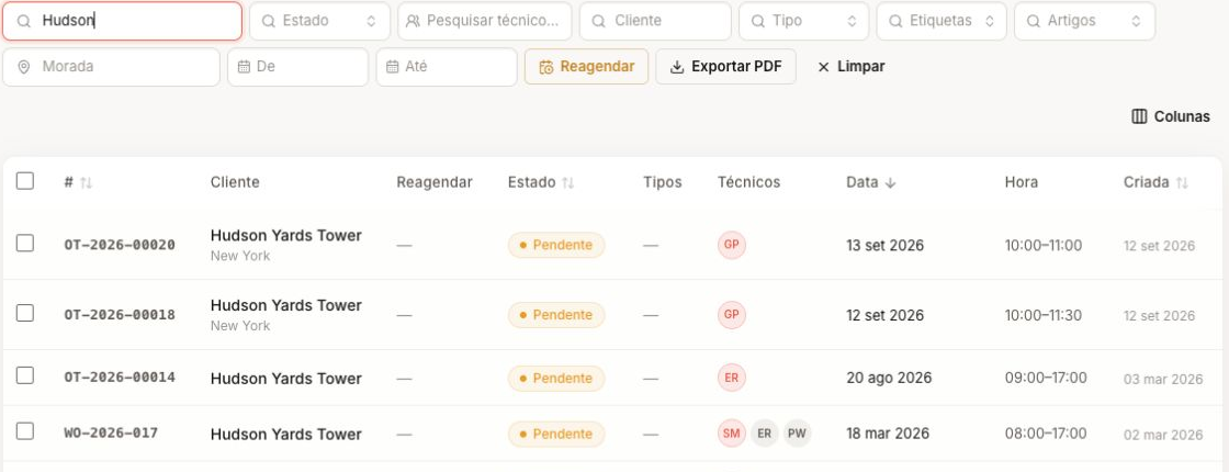 Filters and work order search results.