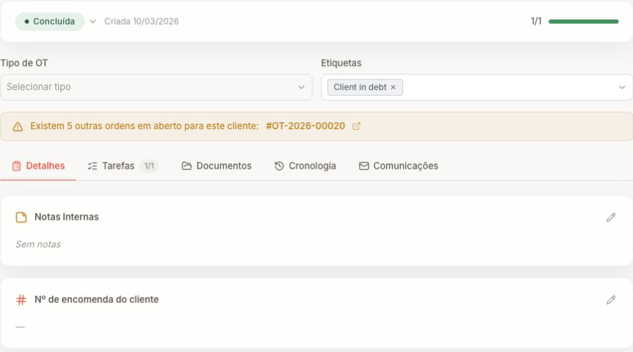 Status, tabs and work order information.