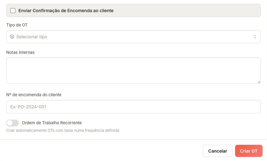 Confirmación de pedido, notas internas y botón Crear orden.